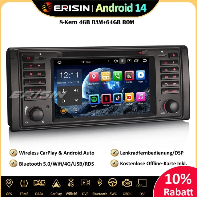 Autoradio Android 14 10.25" 64Go GPS DAB+ CarPlay Pour BMW Série 5 E39/M5 - Écran Tactile, WiFi, 4G