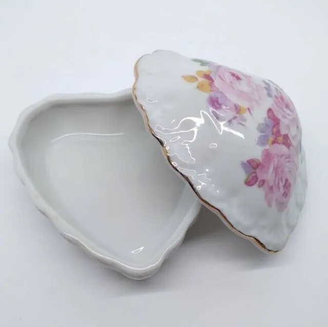 Vintage I W Rice Heart Shaped Floral Trinket Box Porclein Jewelry Ring Dish