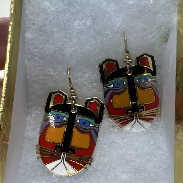 RARE Vintage Laurel Burch Cloisonné Tiger Cat Earrings Gold Toned Signed Miikio