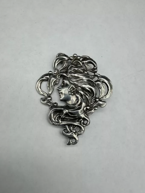 Vintage Sterling Silver Art Nouveau Lady Face Brooch Pin Pendant