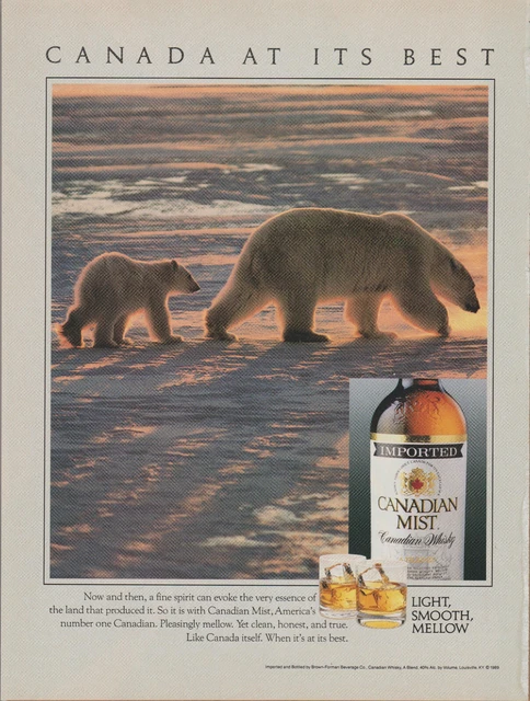 1990 Canadian Mist Whisky - Mama & Cub Polar Bears Walk Ice - Print Ad Photo