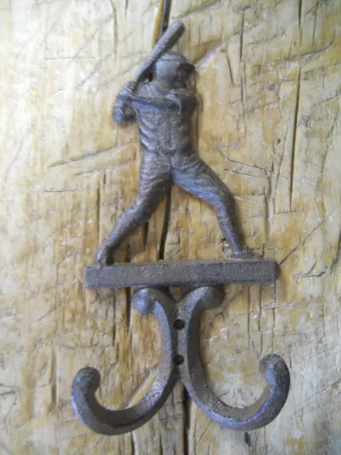 3 Cast Iron Antique Style BASEBALL PLAYER Coat Hooks Hat Hook Rack Towel  BAT