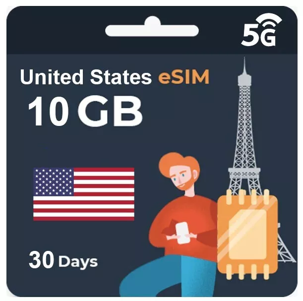 10GB 30 days USA United States Prepaid data eSIM card 5G 4G LTE Data