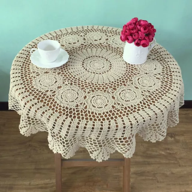 Vintage Hand Crochet Round Lace Table Cloth Flower Tablecloth Wedding Decor 90cm