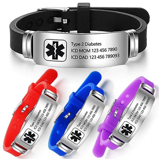 Women Men Medical Alert ID Bracelet Laser Engraving Bangle Cuff Silicone Custom