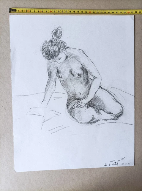Dessin Ancien Nu Crayon Papier Années 1950 - Style érotique, Femme Nue, à Identifier