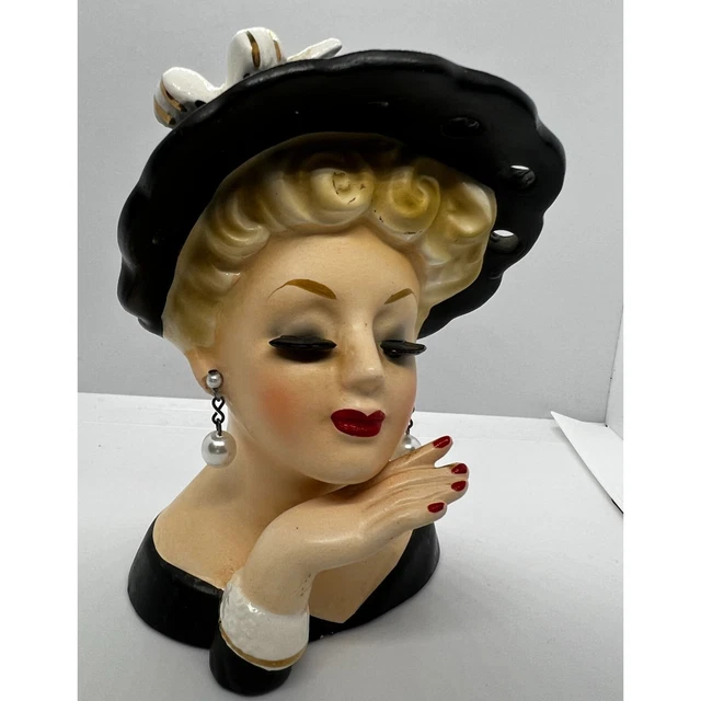 4.5& VINTAGE INARCO Lady Head vase Black Hat with Bow Black Dress E190