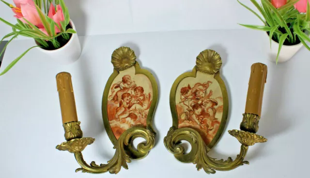 PAIR antique French paint putti cherub on panel wall lights sconces