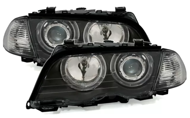 Angel Eyes Scheinwerfer Set weiße Ringe für 3er BMW E46 98- in Schwarz + Blinker