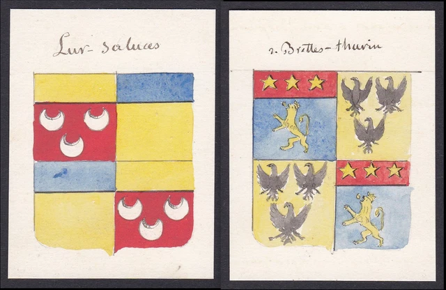 19. Siglo Lur-Saluces Eugène Francia Escudo Nobleza Abrigo De Arms Acuarela