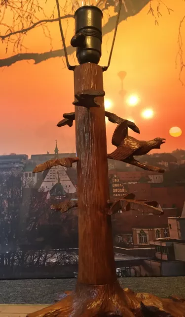 Grosse geschnitzte Holztischlampe Auerhahn Tintenglas Stiftablage , Ohne Schirm