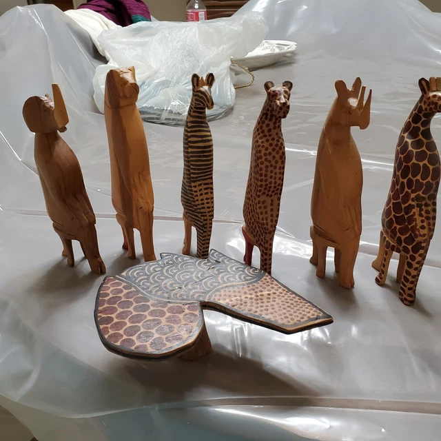African  Animals 6 Mahogany Hand Carved Wood 8"  Decor Gift Kitchy Ethnic VTG