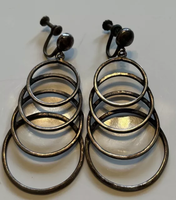 Rare Vintage C 1940s JPL Mexico Taxco Sterling Silver Modernist 4 Hoops Earrings