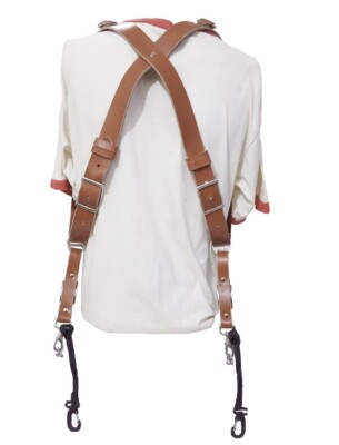 DOPPIA fotocamera Multi Tan Leather Harness tracolla fatta a mano in Inghilterra 