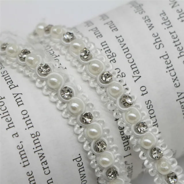 2 Yards Vintage White Pearl Beads Beaded Ribbon Lace Trim Sewing Applique Craft