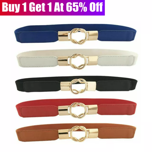 Womens Ladies Belt Stretch Elasticated Skinny Waist Dress Waistband Metal Buckle