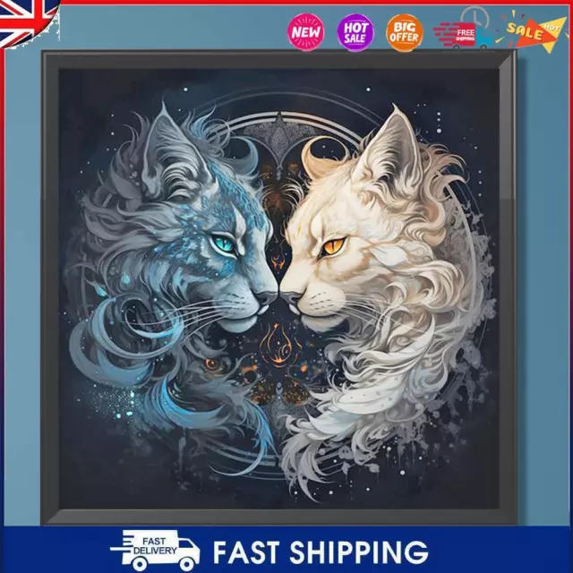 5D DIY Full Round Drill Diamond Painting Black Cat White Cat Kit Decor 30x30cm #