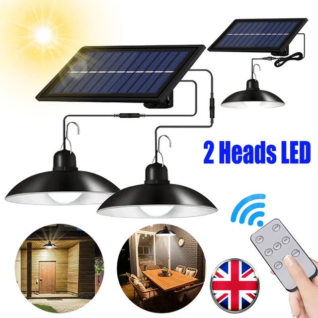 2 Heads LED Solar Powered Pendant Hanging Light Lamp Remote For Garden Yard Shed