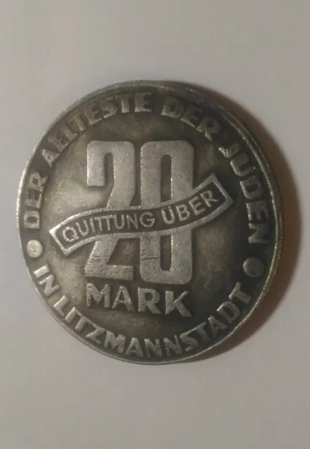 1943 JUDE JEWISH GETTO COIN 20 Mark QUITTUNG UBER LITZMANNSTADT Poland Varsovie