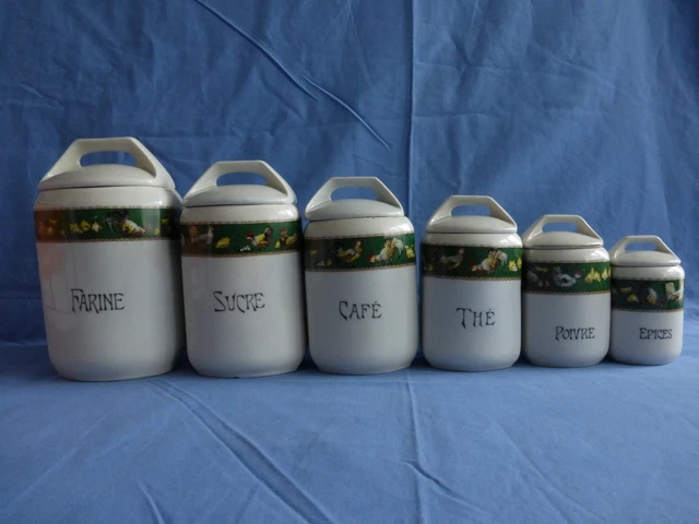 Ancien Service à Épices En Céramique – 6 Pots Avec Couvercles, Décor Bleuets Rétro