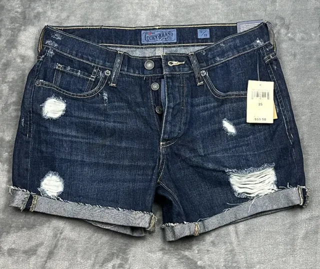 Lucky Brand Boyfriend Jeans Shorts Womens 0/25 Blue Denim Distressed NWT $59.50