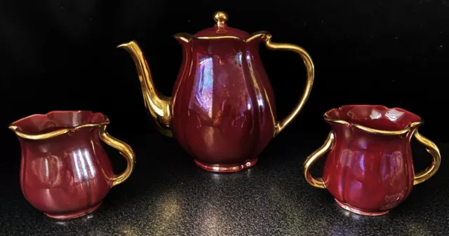 Vintage Price Bros. England Cavallo Red Lustre Ware & Gold Tea Pot Creamer Sugar