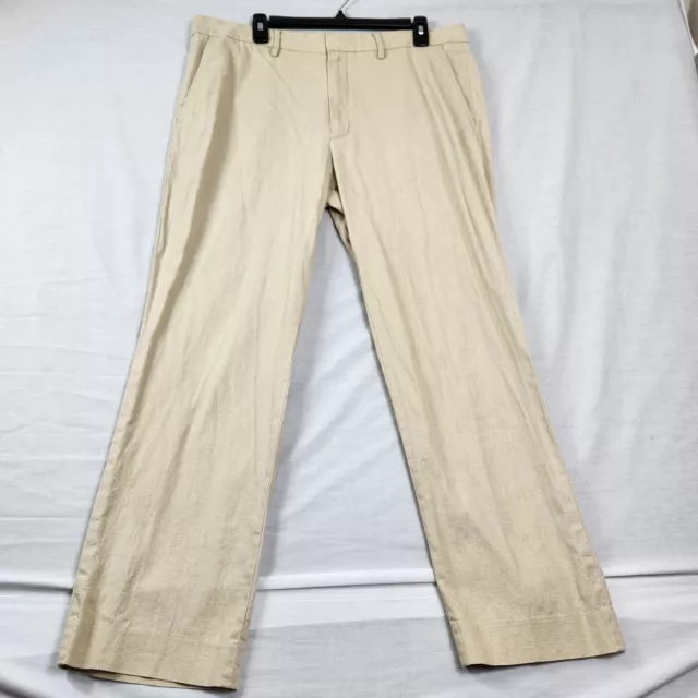 𝅺J. Crew Mens Linen Blend Beige Zip Up Khaki Pants Tag Size 36x30, Meas. 37X29