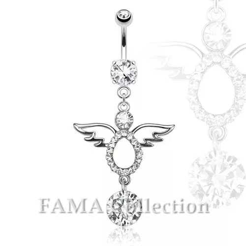 FAMA Angel Multi Paved with Dangling CZ Navel Belly Ring 316L Surgical Steel