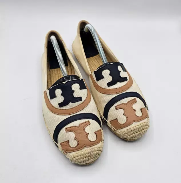 Tory Burch Poppy Espadrille Flats Size 8 Beige Brown Blue Leather Logo Canvas