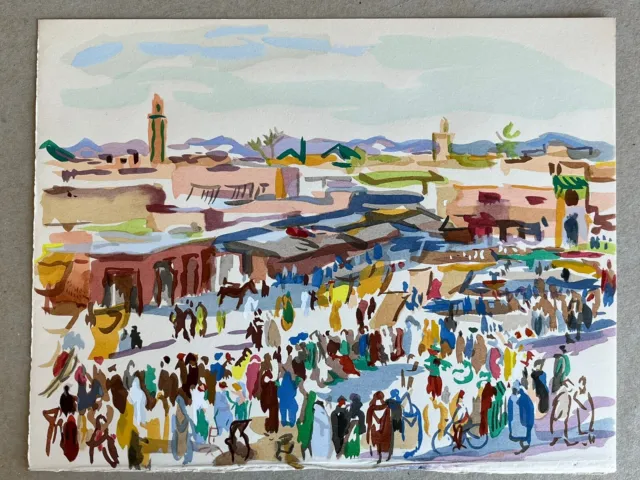 Gouache Painting Orientalist Africanist Landscape Morocco Place Djemaa El Fna 1940