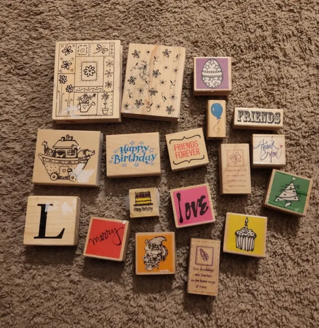 Lot Of 18 Rubber Stamps, Birthday, Friends, Baby, Flowers