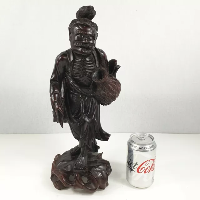 Antique Chinese Carved Wooden Figure Of A Man Holding A Basket 39cm High