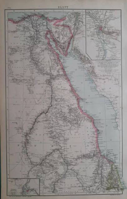 1893 Large Antique Map Egypt Sinai Peninsula Cairo Environs Nubia Khartum