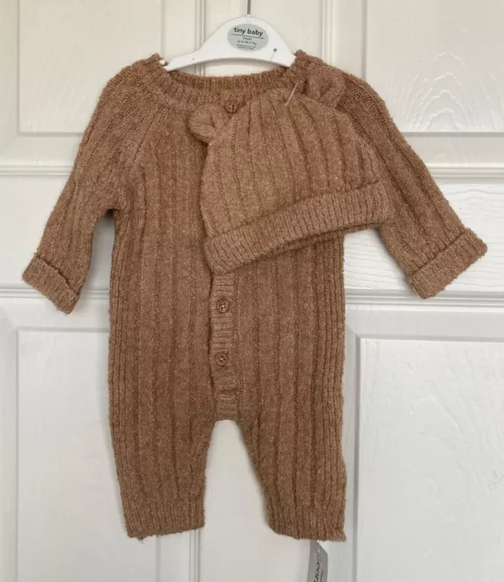 NEW GEORGE Unisex Baby Tan Knitted Romper & Hat Outfit: TINY BABY