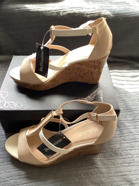 LADIES BELLISSIMO WEDGE heel sandals sandle 37 UK 4 pewter gold