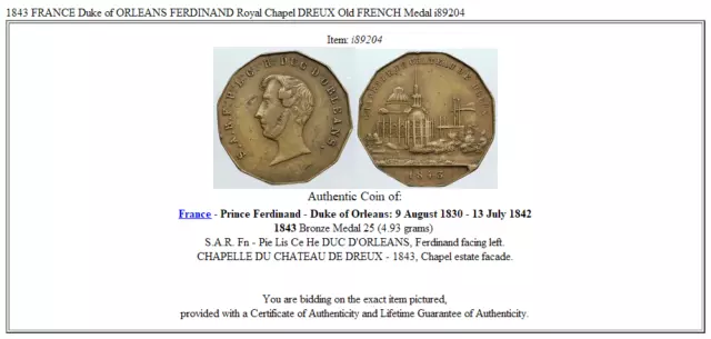 1843 FRANCIA Duque de ORLEANS FERDINAND Capilla Real DREUX Antigua Medalla FRANCESA I89204 3