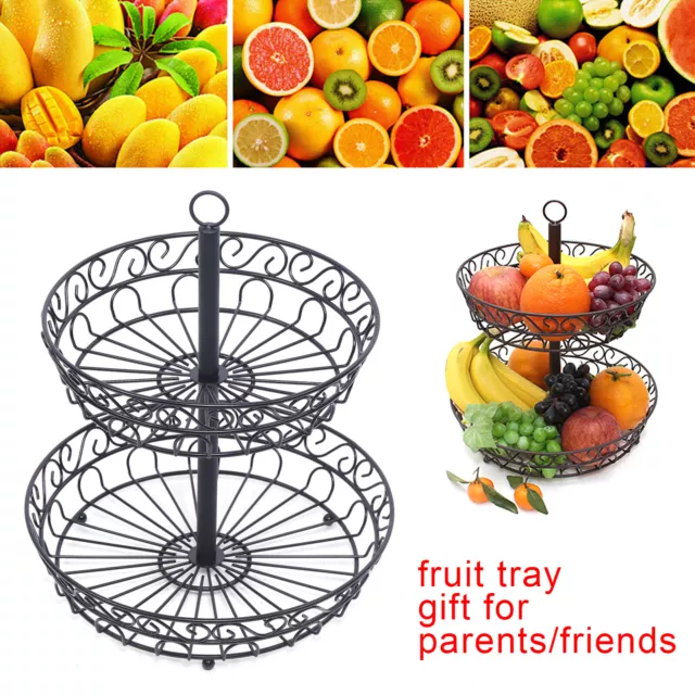 2 Tier Fruit Bowl Tray Countertop Holder Iron Stand Vegetable Snack Storage Rack