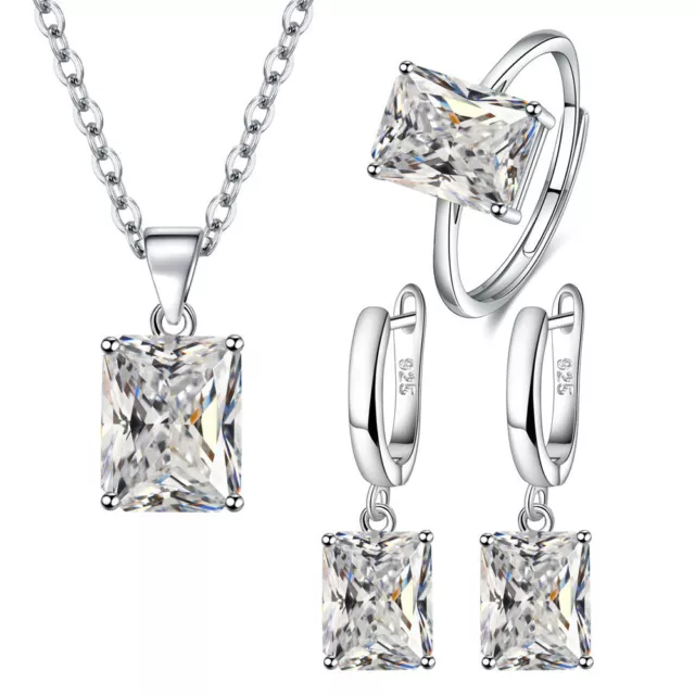 Women 925 Sterling Silver earrings necklace ring white square zircon jewelry set