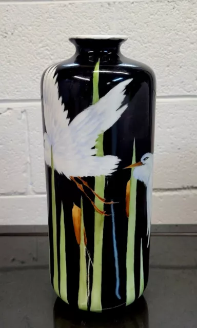 Contemporary Modern Vintage Painted Glass Vase Vessel W Birds Signed 1980s