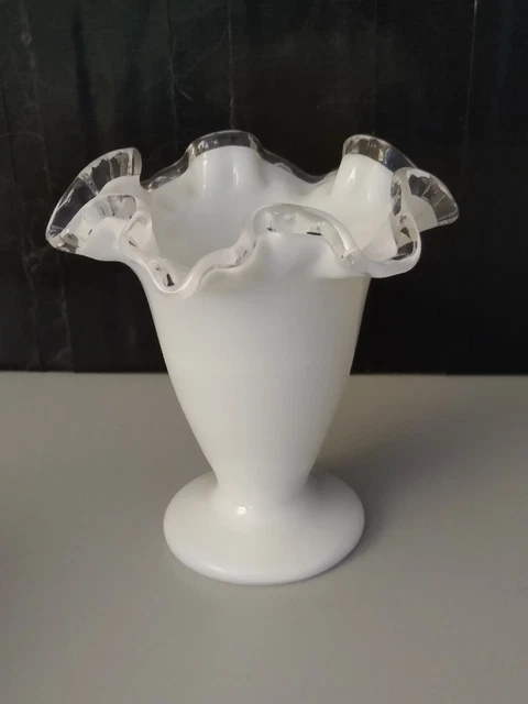 Fenton Silver Crest Milk Glass Ruffle Trumpet Vase 4" Not Marked