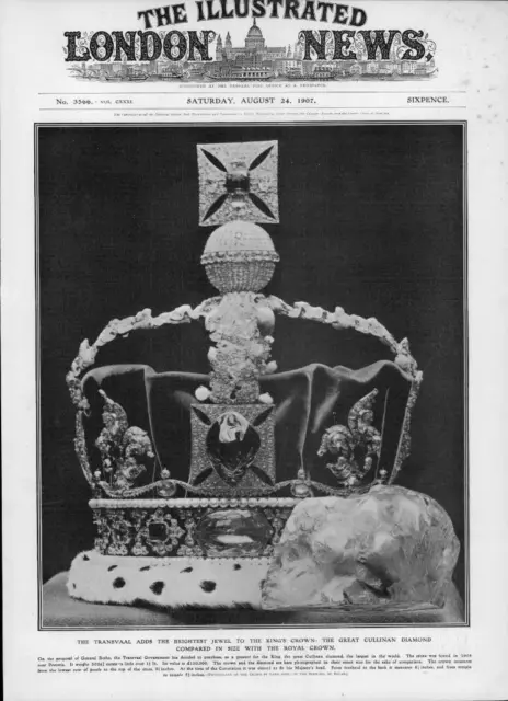 1907 Antique Print - SOUTH AFRICA Transvaal Kings Crown Cullinan Diamond  (215)