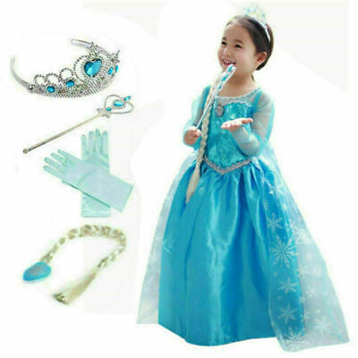 Kids Elsa Dresses Girls Dress+4Accessories Party Fancy Costume Princess Dress^Up