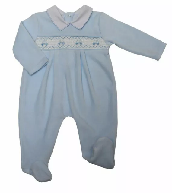 Boys Blue Velour Sleepsuit Smocked Cotton Rompers Cars Design Baby Boy 0-9 Mon