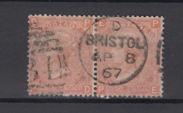 GB QV 1865 4d Vermillion Pair Superb Bristol CDS SG93 VFU BP9667