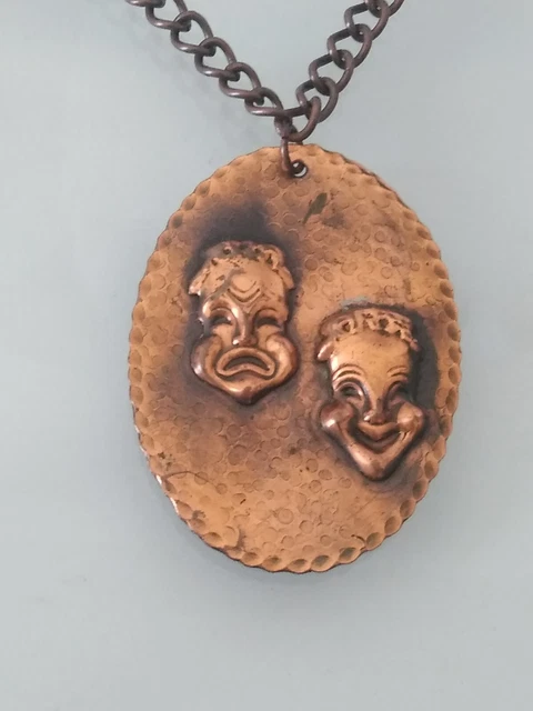 Vintage Modernist Comedy And Tragedy Mask Medallion Copper Necklace Vintage Modernist Comedy And Tragedy Mask Medallion Copper Necklace