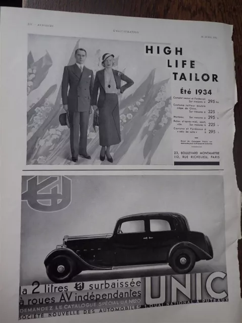 UNIC 2 litres automobile + HIGH LIFE TAILOR publicité papier ILLUSTRATION 1934