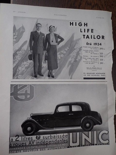 UNIC 2 litres automobile + HIGH LIFE TAILOR publicité papier ILLUSTRATION 1934