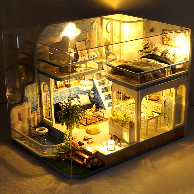 Wooden Model House Kit with Dust Cover/Light/Accessories Gift for Boys Girls 3
