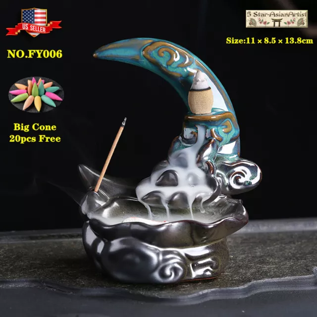 Ceramic Backflow Incense Burner Holder Lotus Waterfall & Incense Cones Gift