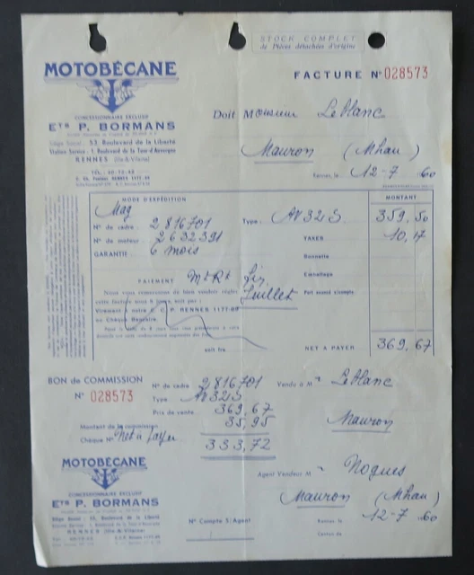 Facture Ancienne Cycles Metropole Bébin Rennes – Vélo, Vélomoteur – En-tête Illustrée 125